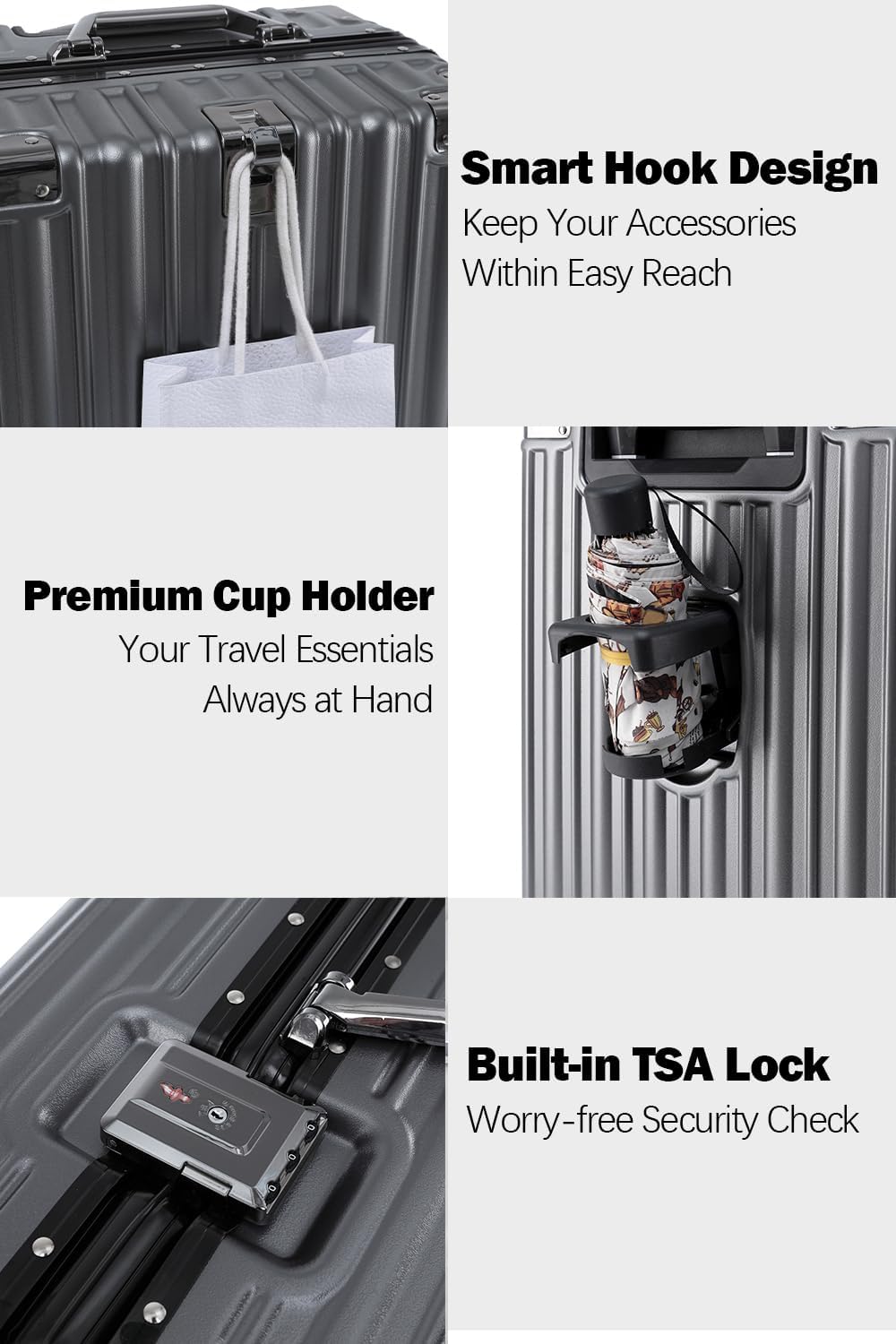 HotWay 26 Inch Aluminum Frame Luggage with Spinner Wheels, PC Hard Shell Suitcase with Cup Holder, Zipperless Luggage for Business Travel, Gray