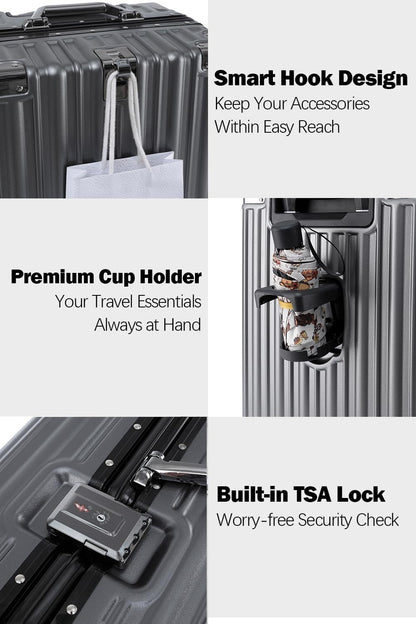 HotWay 26 Inch Aluminum Frame Luggage with Spinner Wheels, PC Hard Shell Suitcase with Cup Holder, Zipperless Luggage for Business Travel, Gray