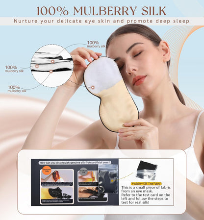 HiRui Silk Sleep Mask, 100% Natural Mulberry Silk of Double-Sided & Inner-Filling, Ultra-Smooth Soft, Adjustable Strap, Blocks Light for Night Sleeping, Travel, Office Naps (Champagne)