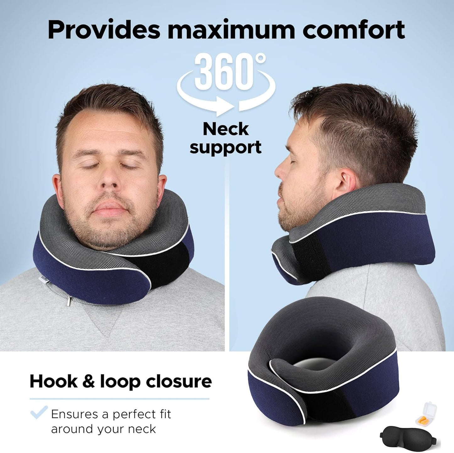 Travel Neck Pillow, Best Memory Foam Airplane Pillow for Head Support Soft Adjustable Pillow for Plane, Car & Home Recliner Use (Blue)