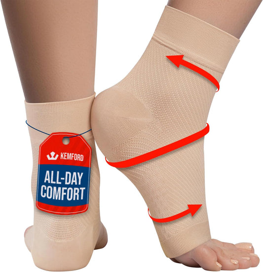 KEMFORD Ankle Compression Sleeve - Plantar Fasciitis Braces - Open Toe Compression Socks for Swelling, Sprain, Neuropathy, Foot Arch Support for Men and Women - 20-30mmhg, L, Beige