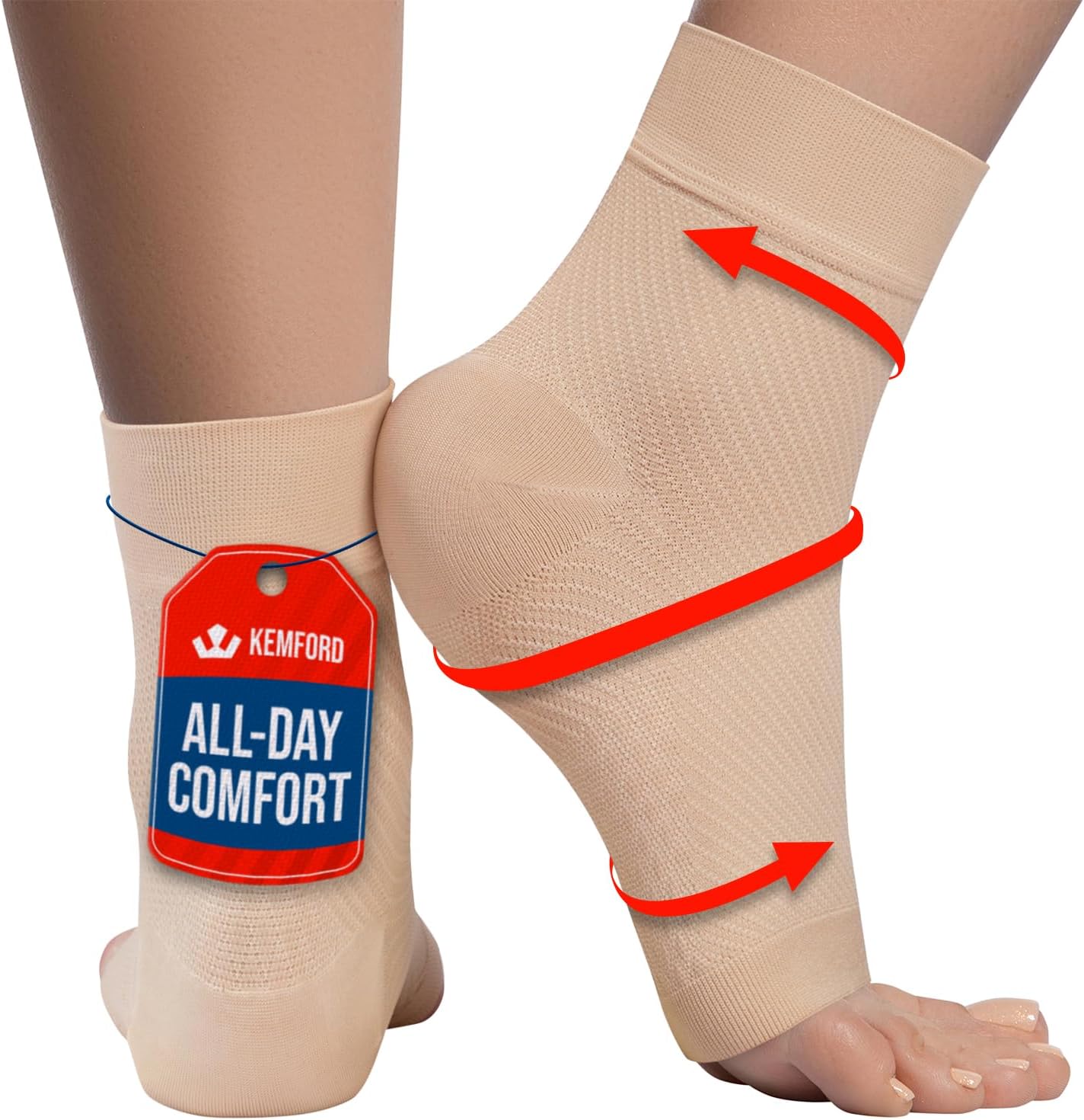 KEMFORD Ankle Compression Sleeve - Plantar Fasciitis Braces - Open Toe Compression Socks for Swelling, Sprain, Neuropathy, Foot Arch Support for Men and Women - 20-30mmhg, M, Beige