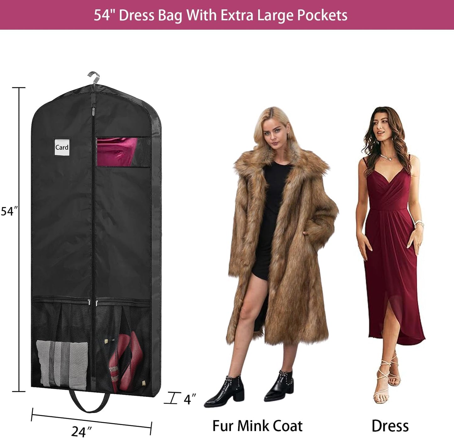 54" Garment Bags for Travel, 2 Pack Dress Bag for Hanging Clothes Storage with Pockets and Clear Window, 4" Dress Storage Bag for Long Coat, Jacket, Sweater, Shirts, Suits
