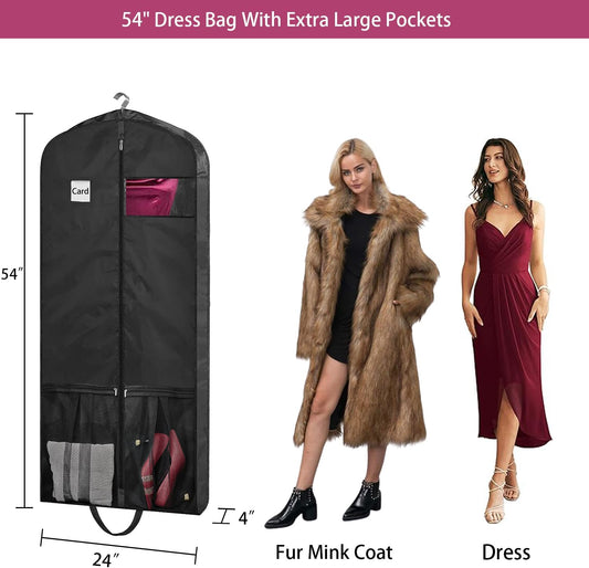 54" Garment Bags for Travel, 2 Pack Dress Bag for Hanging Clothes Storage with Pockets and Clear Window, 4" Dress Storage Bag for Long Coat, Jacket, Sweater, Shirts, Suits