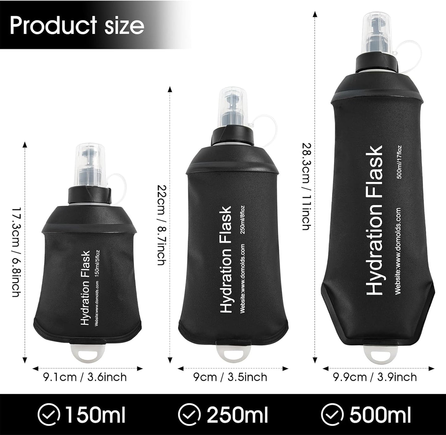 GYGYL Soft Flask, TPU Collapsible Soft Water Bottle for Hydration Pack, Running Vest, Leak-Proof Folding Water Bottle for Hiking Cycling Climbing Jogging-500ml Black