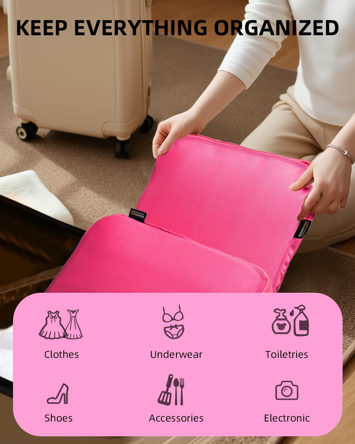 6 Set Compression Packing Cubes for Travel, Large Medium Small Luggage Organizers, Storage Bags for Clothes (6 Pack, Rose Red)