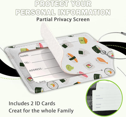 2 Pack Luggage Tags for Suitcase,Cute Funny Japanese Sushi Leather Luggage Tag Bag Tags Identifiers Privacy Cover Id Label with Steel Loop for Women Men Girls Boys Travel