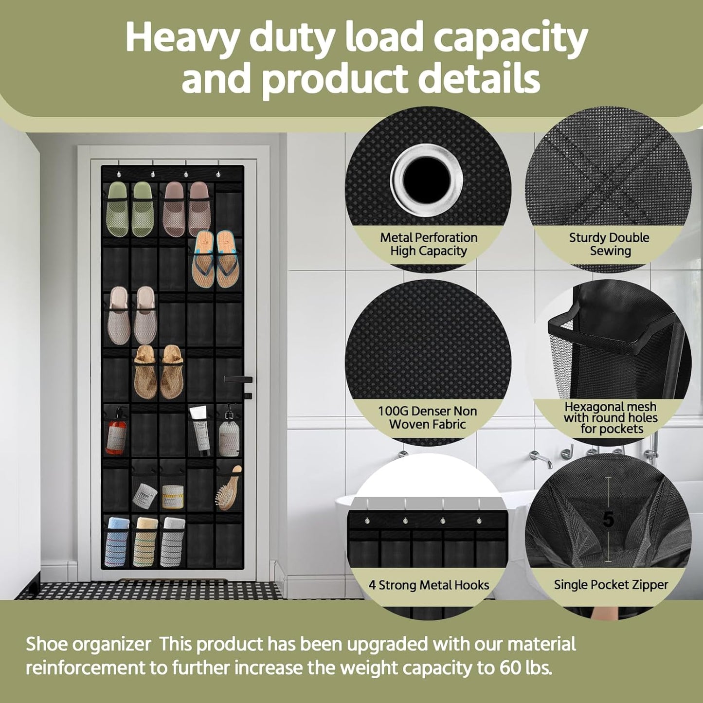 35 Pocket Over the Door Shoe Organizer,Reusable Breathable Large Mesh Bag Men's & Women's Sneaker Organizer,Shoe Organizer for Kids,Hanging Shoe Storage Hanging Bag (Black)