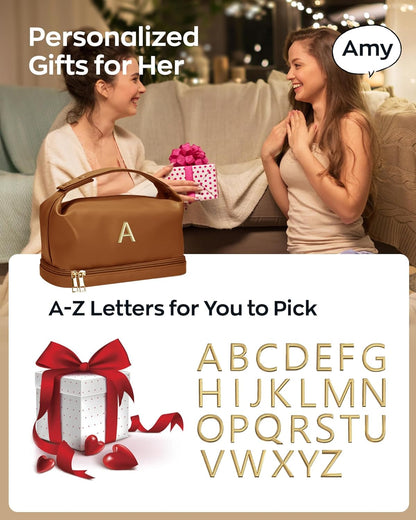 Monogram Gifts for Women, Personalized Makeup Bag with Handle, Initial Double Layer Cosmetic Bag with Makeup Brush Organizer, Cute Cosmetic Pouch for Women, Gifts for Friends Female Mom