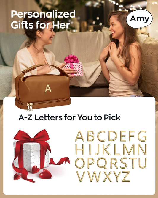 Gifts for Women 40s, Personalized Makeup Bag with Handle, Initial Double Layer Cosmetic Bag with Makeup Brush Organizer, Cute Cosmetic Pouch for Women, Gifts for Friends Female Mom