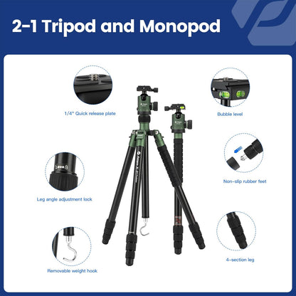 Fotopro 68" Camera Tripod for DSLR, Heavy Duty Compact Travel Tripod with Ball Head, Detachable Monopod with Quick Release Plate and Bag, Load up to 12KG/26.5lbs, Green