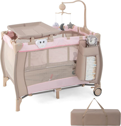 HONEY JOY Pack and Play, 3 in 1 Portable Baby Playard with Bassinet, Changing Table, Lockable Wheels, Music Box, Foldable Travel Baby Crib Nursery Center from Newborn to Toddler (Coffee Pink)