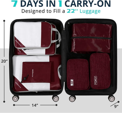 7 Set Compression Packing Cubes for Travel - Compressible, Lightweight, and Space-Saving Packing Cubes, Travel Essentials for Women, Wine