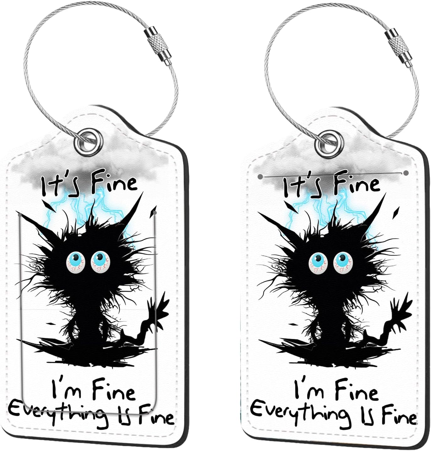 2 Pcs Luggage Tags for Suitcases, PU Leather Cruise Ship Luggage Tags with Privacy Cover Label Address Card and Durable Metal Ring Suitable for Men Women Handbags Backpacks,Cat hit by Lightning