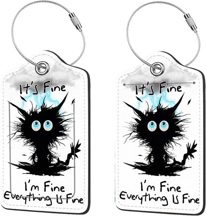 2 Pcs Luggage Tags for Suitcases, PU Leather Cruise Ship Luggage Tags with Privacy Cover Label Address Card and Durable Metal Ring Suitable for Men Women Handbags Backpacks,Cat hit by Lightning