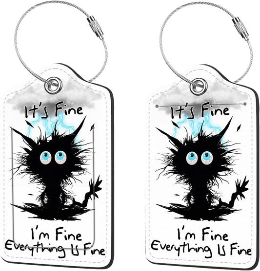 2 Pcs Luggage Tags for Suitcases, PU Leather Cruise Ship Luggage Tags with Privacy Cover Label Address Card and Durable Metal Ring Suitable for Men Women Handbags Backpacks,Cat hit by Lightning