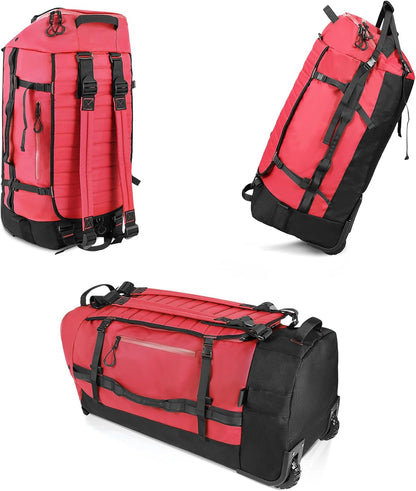 Vomgomfom 86L Collapsible Wheeled Luggage With Removable Backpack Straps,Waterproof Rolling Duffle Bag with Quilted Base,No Telescope Handle,Red