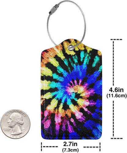 2pcs Tie Dye Luggage Tag for Suitcases Baggage, Colorful Rainbow Airport Crew Leahter Luggage Tag with Stainless Steel Loop and Full Back Privacy Cover for Travel Sports Girls Teens Adults