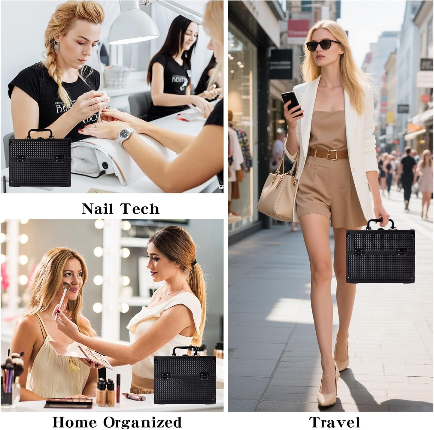 Makeup Train Case, Portable Makeup Case with Mirror, 2-Trays Cosmetic Organizer Case,Nail Polish Organizer, Travel Makeup Box, Profesional for Salon Barber, Black