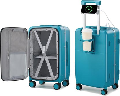 Hanke 20 Inch Carry On Luggage with Cup Holder and Charge,Top Opening Hard Shell Suitcases with Wheels and Dividers,Aluminum Frame Trunk Luggage Small Suitcase with Lock for Travel,Caribbean Blue