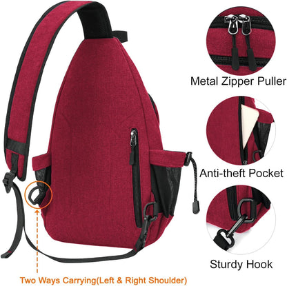 MOSISO Sling Backpack,Canvas Crossbody Hiking Daypack Bag with Anti-theft Pocket, Red