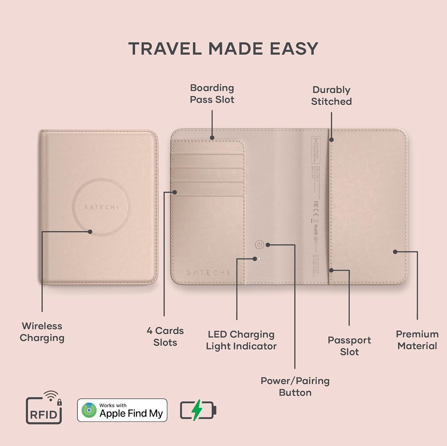 Satechi Passport Holder for Travel with Find My, Passport Cover with 4 Card Holder, Wireless Charging, and RFID protection – Travel Essential Vegan Leather Passport – Desert Rose