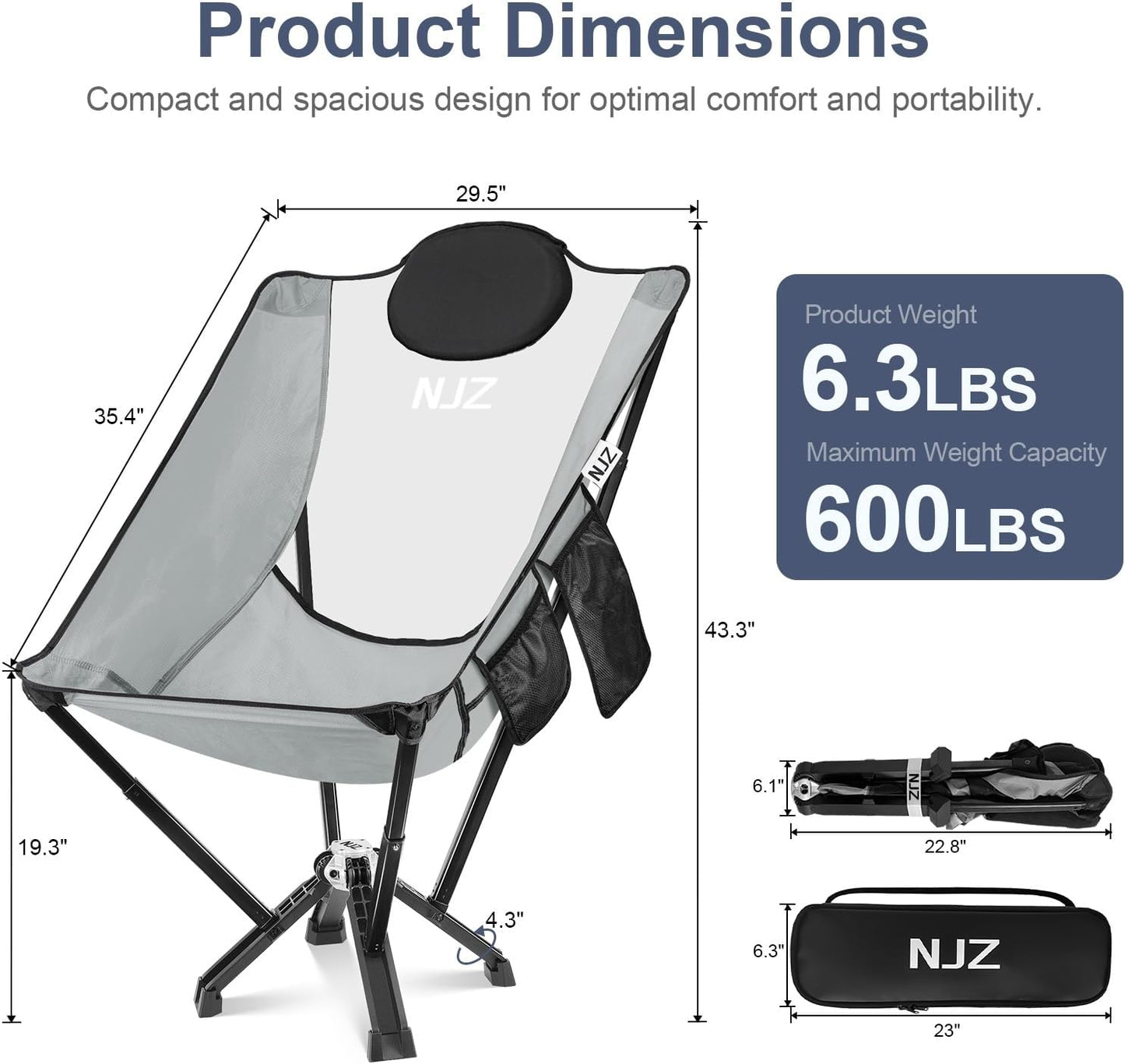 High Back Camping Folding Chairs - 600 LBS Capacity Heavy Duty Camping Chair with Comfortable Backrest & Headrest, Quick Setup - Compact Camp Chair for Picnic, Fishing, Beach, Lawn - Silver