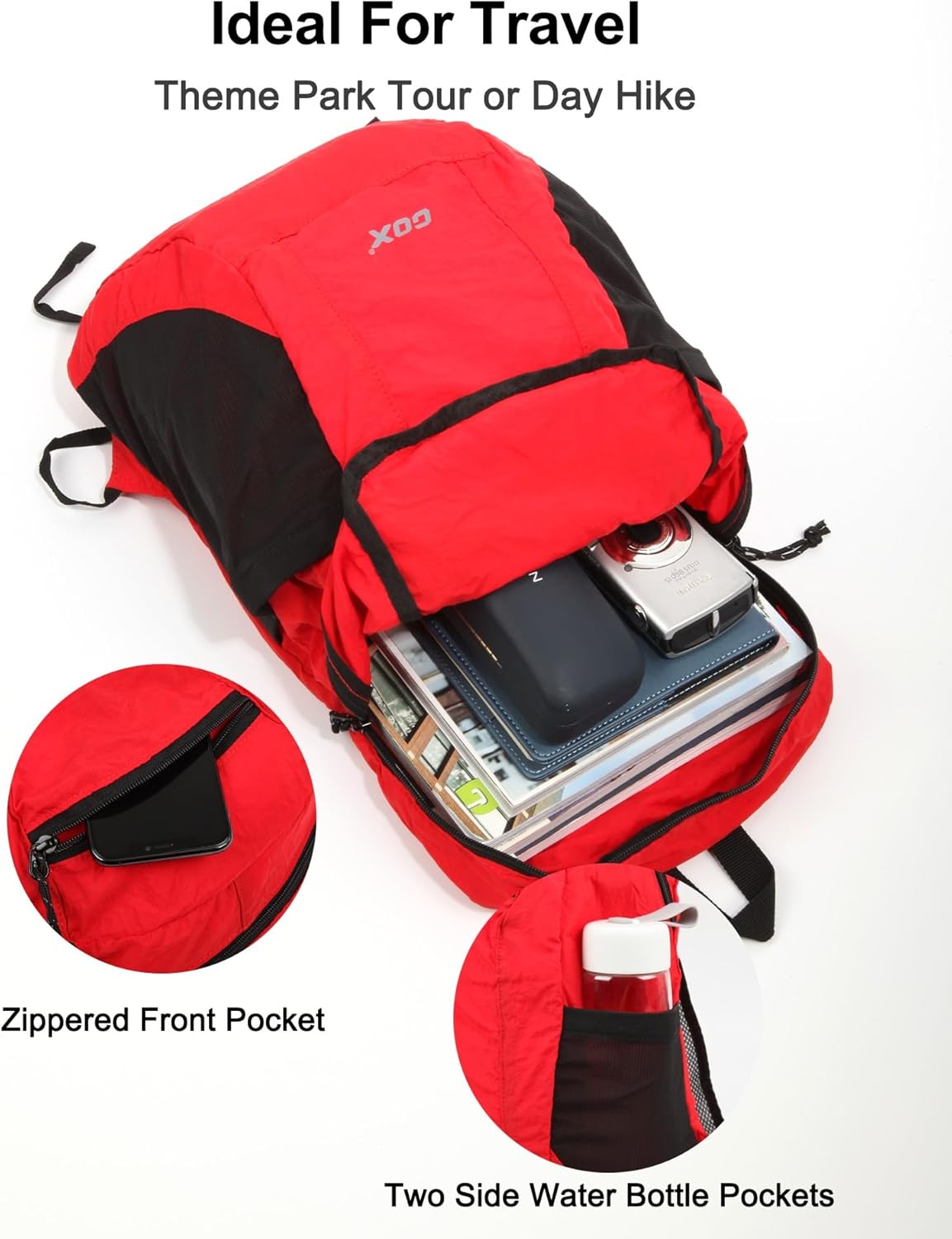 GOX Foldable 20l Backpack For Travel Lightweight Hiking Packable Daypack for Men Travel Camping Outdoor Bag Women (Red)