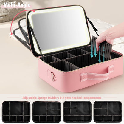 Large Travel Makeup Bag with LED Mirror, 3-Color Stepless Dimming Stand Mirror Detachable, with Adjustable Divider, Makeup Brush Holder Storage (Pink)
