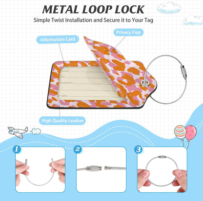 3 Pack Luggage Tag for Suitcase,Abstract Modern Leopard Leather Luggage Tags with Privacy Cover Name ID Label Identifiers Travel Bag Tags for Women Men Boys Girls