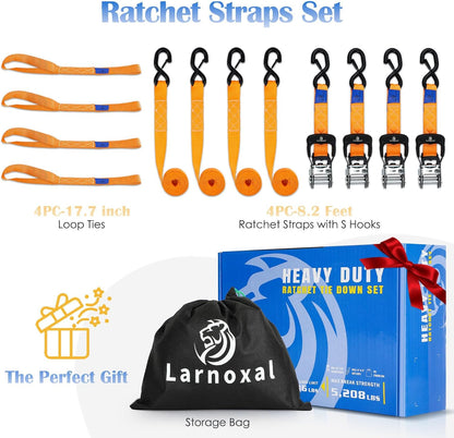 Ratchet Straps 4 Pack - 5,208 Lbs Break Strength 1.5 in x 8.2 Ft Heavy Duty Ratchet Tie Down Straps with S Hooks Set for Truck, Cargo Van, Trailer, Motorcycle (Orange)