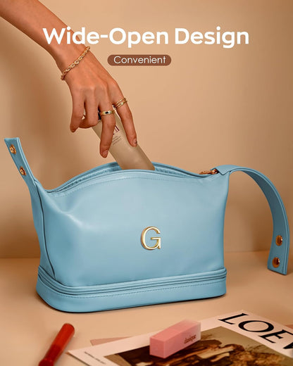 College Girl Gift Ideas, Personalized Makeup Bag with Handle, Initial Double Layer Cosmetic Bag with Makeup Brush Organizer, Birthday Gifts for 11 12 13 14 15 16 17 18 Year Old Girls