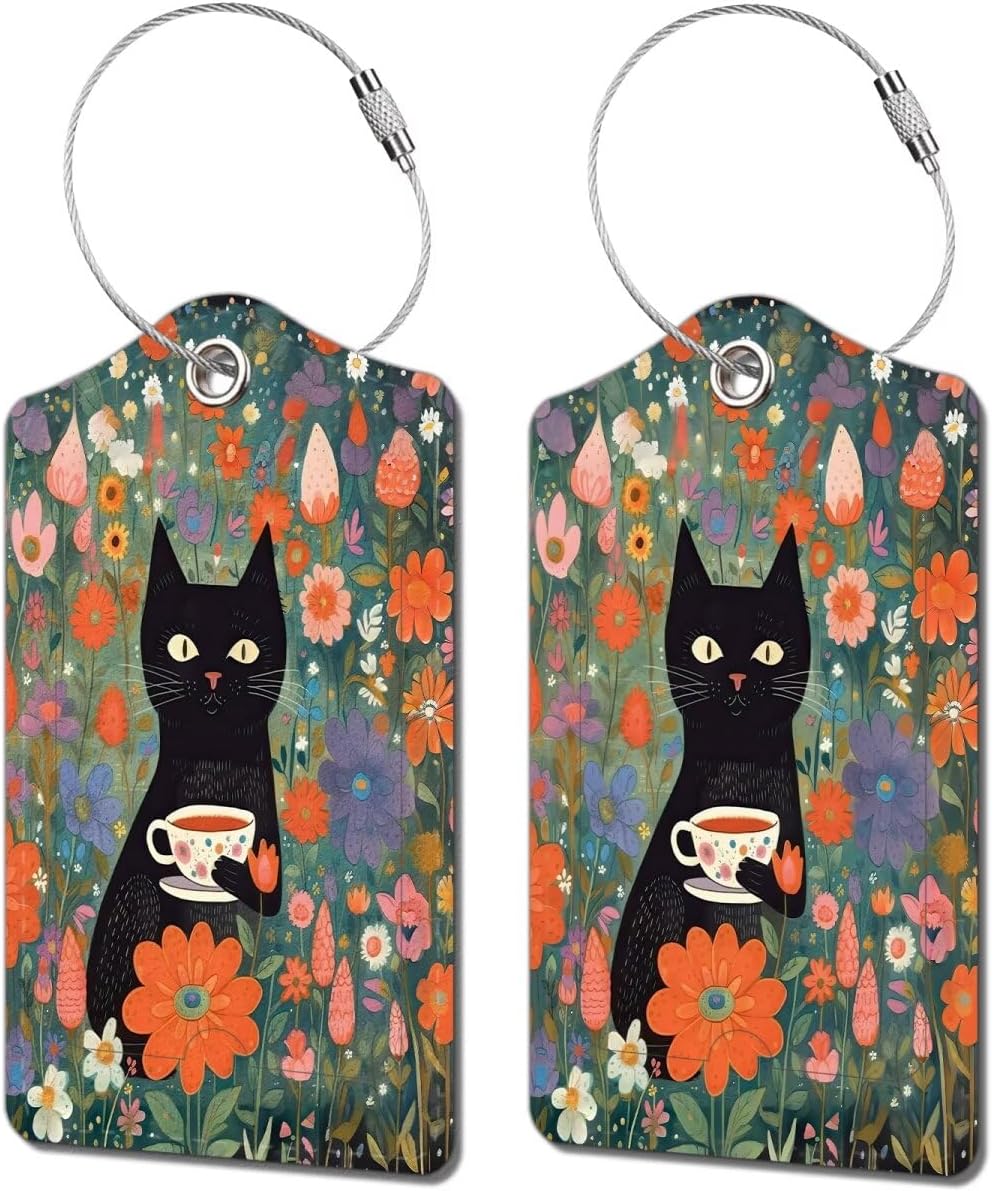 2 Pack Luggage Tag for Suitcase, Cute Unique Leather Bag Tags Identifiers Privacy Cover ID Label with Durable Steel Loop for Women Men Kids Girls Travel, Black cat Flower