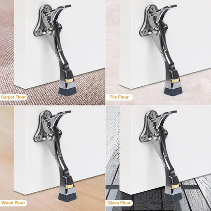 2 Packs Heavy Duty Kickdown Door Stopper, One Touch Adjustable Kickdown Door Stop for Heavy Doors, 4 in Metal Door Kickstand with Rubber Tip & Wall Protectors for Wide Doors- Sliver