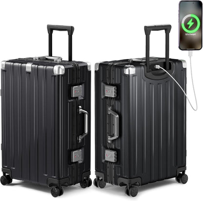 Krute Checked Aluminum Frame Suitcase 24 Inch Zipperless Luggages Hardside PC Luggage With Spinner Wheels TSA Lock USB Charger Suitcases(1 Piece)