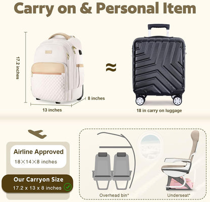 Small Rolling Backpack, Underseat Carry On Luggage With Wheels For Adults, 15.6 Inch Wheeled Backpack for Women, Travel Roller Bag, Beige