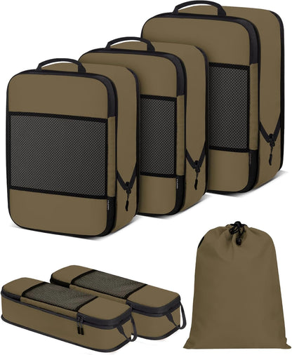 6 PCS Set Compression Packing Cubes for Travel, Lightweight Packing Organizer Bags Travel Essentials for Carry On, Suitcase,Home Closet - Brown