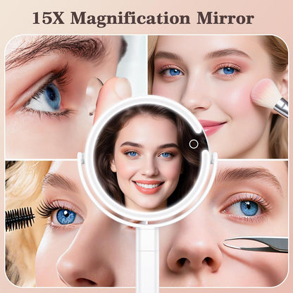 15X/1X Lighted Magnifying Mirror, 4000mAh Rechargeable Makeup Mirror with 3 Level LED Light, 360° Rotation 2 Sided Vanity Desk Mirror, Dimmable Adjustable Height Table Makeup Mirror Phone Stand