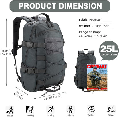 25L Hiking Backpack Small Tactical Backpack Daypack Camping Trekking Hunting Molle Pack for Men Women, Grey