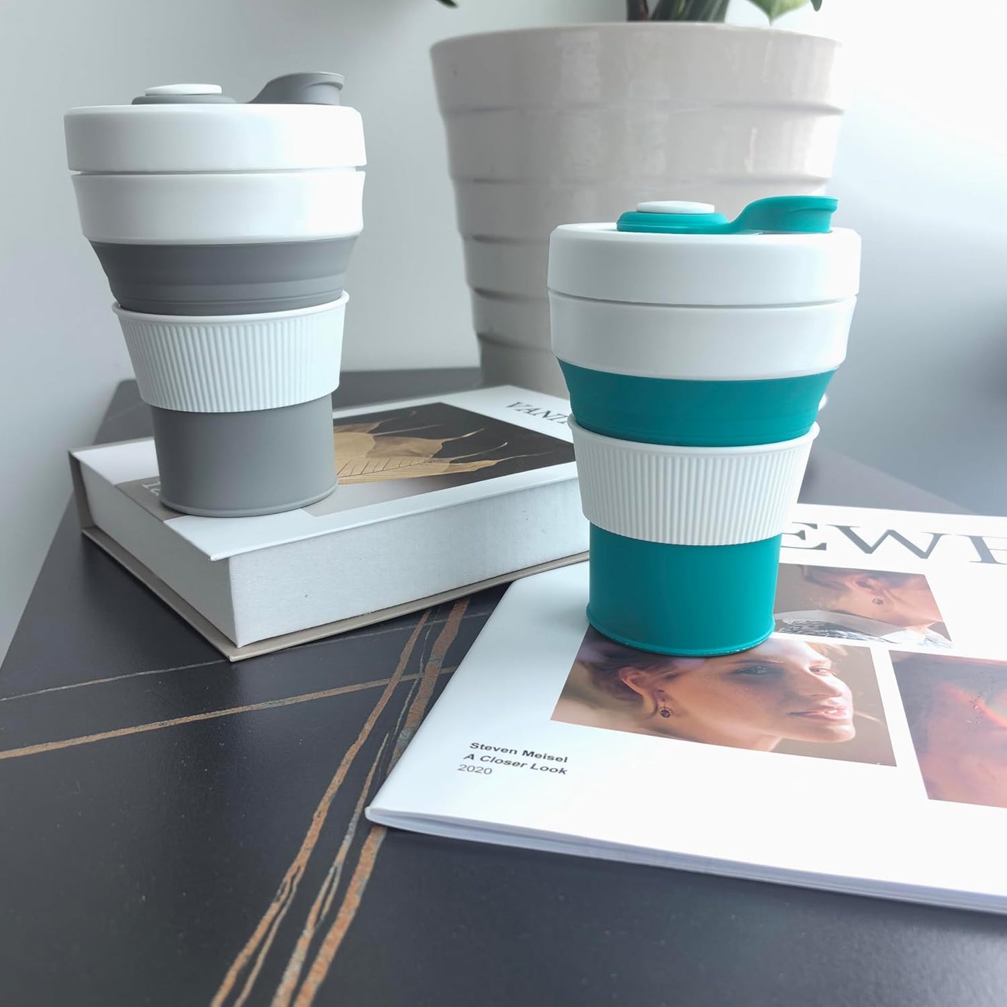 Silicone Collapsible Travel Mug Gray 15oz / 450ml - Leak-Proof Reusable Silicone Water Bottle for Hot and Cold Beverages - Travel Office and Home - Dishwasher Safe - Straw Included