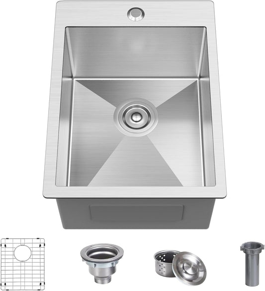 15 x 20 Inch Drop In Kitchen Bar Sink, Small Kitchen Sink Single Bowl Topmount Bar Prep Sink 18 Gauge Stainless Steel Bar Sink with Grid and Basket Strainer