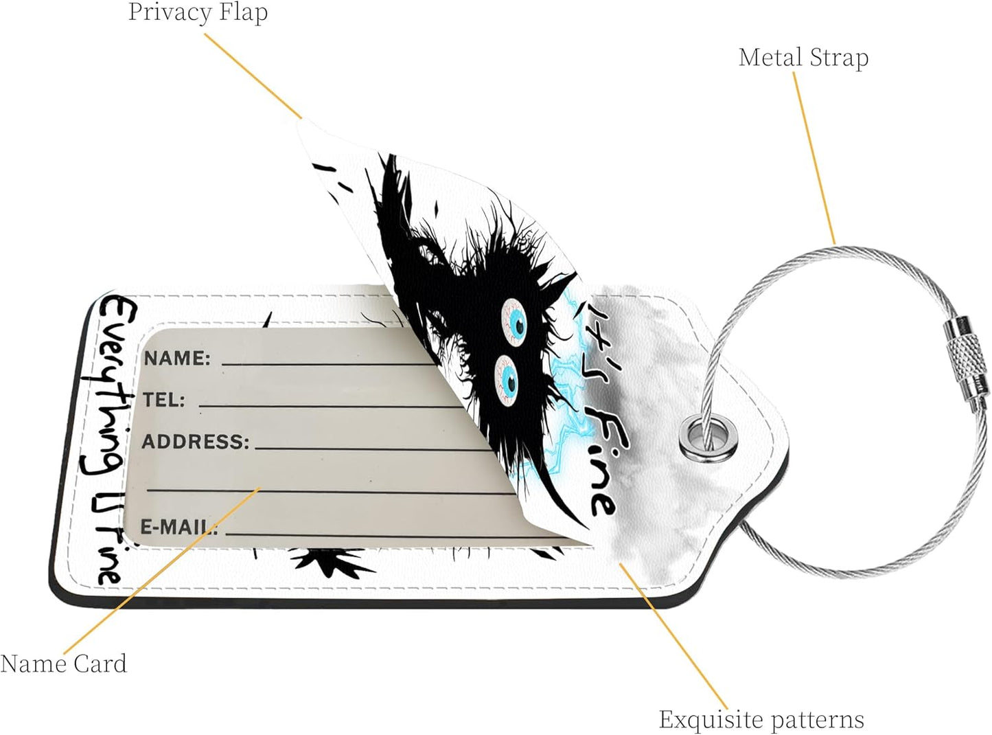 2 Pcs Luggage Tags for Suitcases, PU Leather Cruise Ship Luggage Tags with Privacy Cover Label Address Card and Durable Metal Ring Suitable for Men Women Handbags Backpacks,Cat hit by Lightning