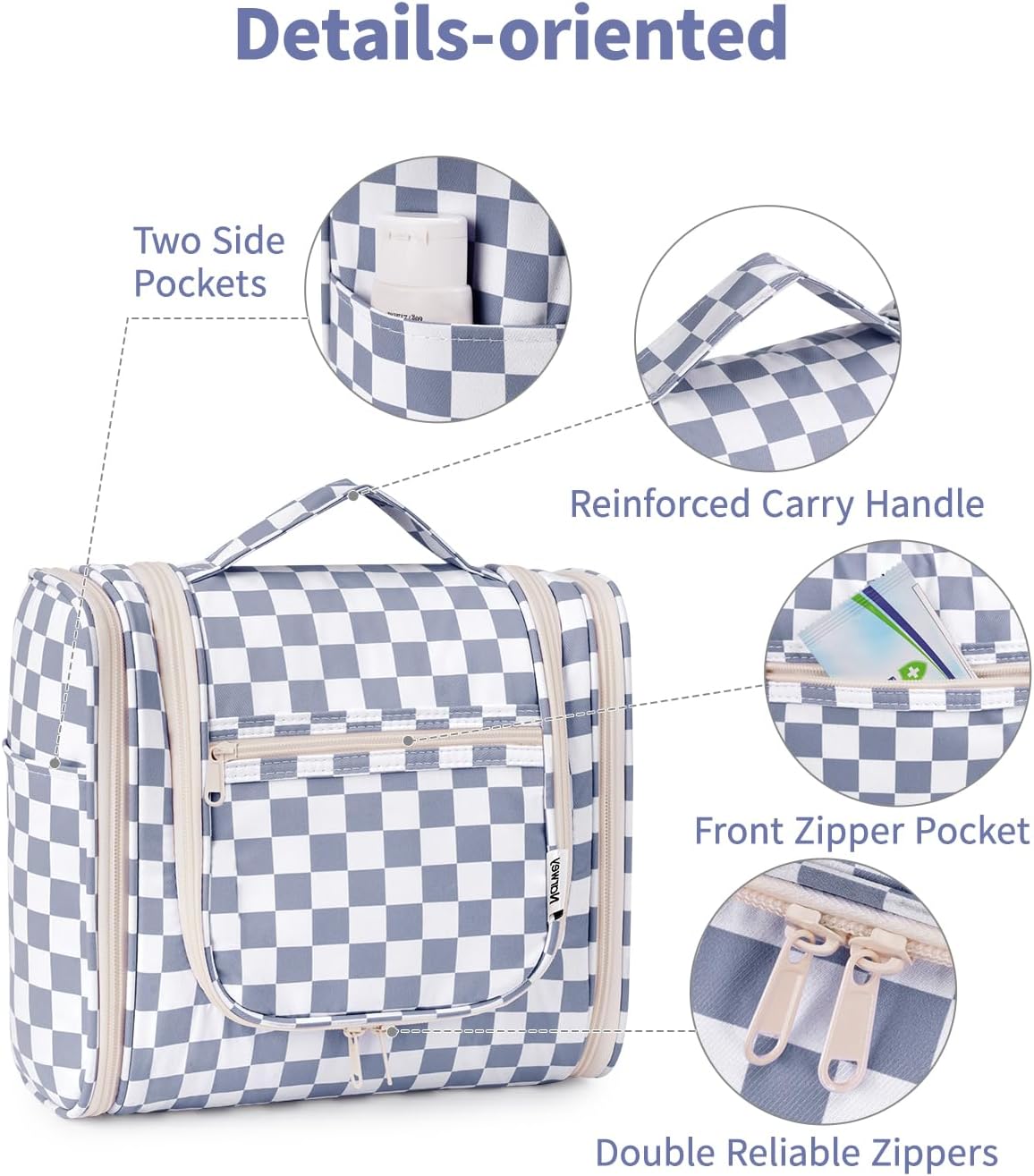 Narwey Checked Hanging Travel Toiletry Bag for Women, Travel Bag for Toiletries, Makeup Bag Organizer Cosmetic Bags Make Up Bags for Women (Grayish Blue Checkerboard)