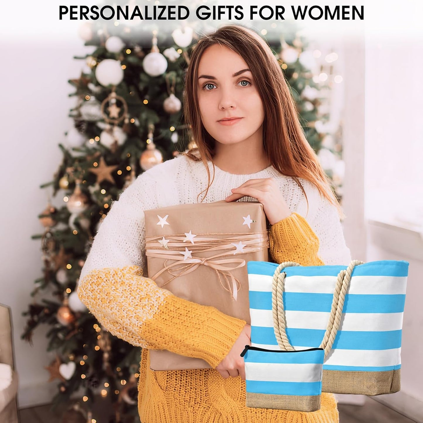 Becokan Beach Bag Initial Beach Tote with Makeup Bag for Travel Work Storage Personalized Birthday Gifts for Women Her