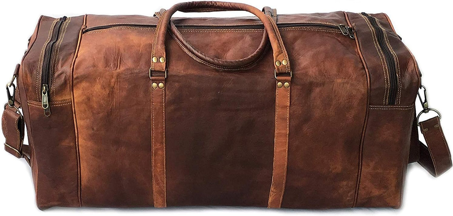 KK's Vintage Leather Duffel Bag, Handcrafted, Stylish & Durable, Ideal for Gym, Travel, Genuine Leather Travel Bag, Brass Rivets & Zippers Size 28"(L),12"(D), 11"(H) Inch