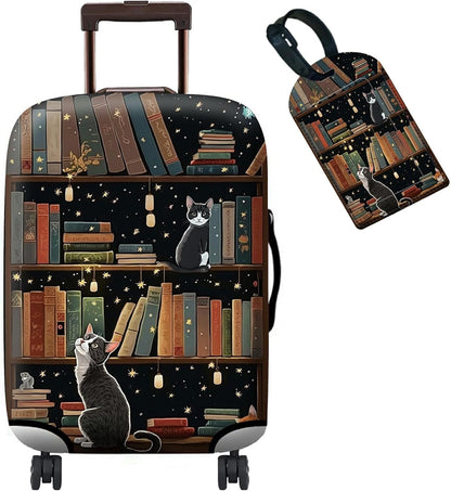 Luggage Cover + Tag, Cat Library Travel Suitcase Protector for 18-20 inch Luggage (S) with Concealed Zipper, Washable Elastic Cloth, Dustproof, Anti-Scratch