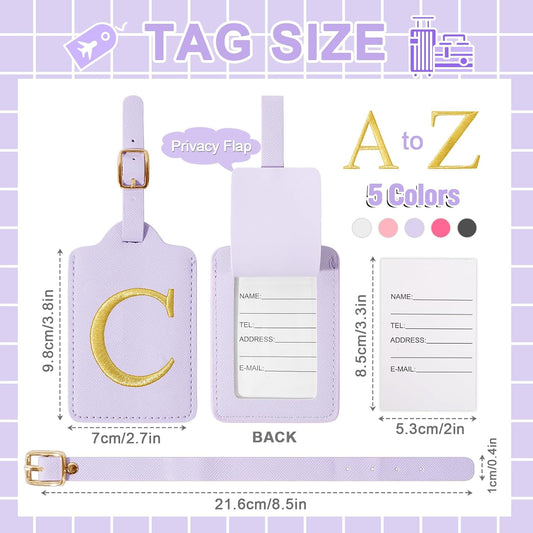 Personalized Initial Luggage Tags for Suitcase, Purple Leather Cute Luggage Tags with Privacy Cover Name Card, Embroidered Custom Monogrammed Luggage Tag Travel Backpack Tags Gifts for Women Kids(C)