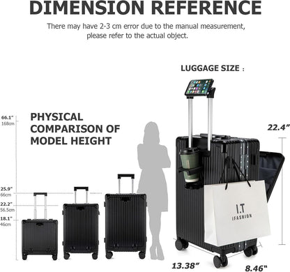 feilario 20in Aluminium Frame PC Hard Shell Spinner Wheels Luggage, Built-In TSA lock Carry on Suitcase, with Cup Holder, USB Port, Phone Holder