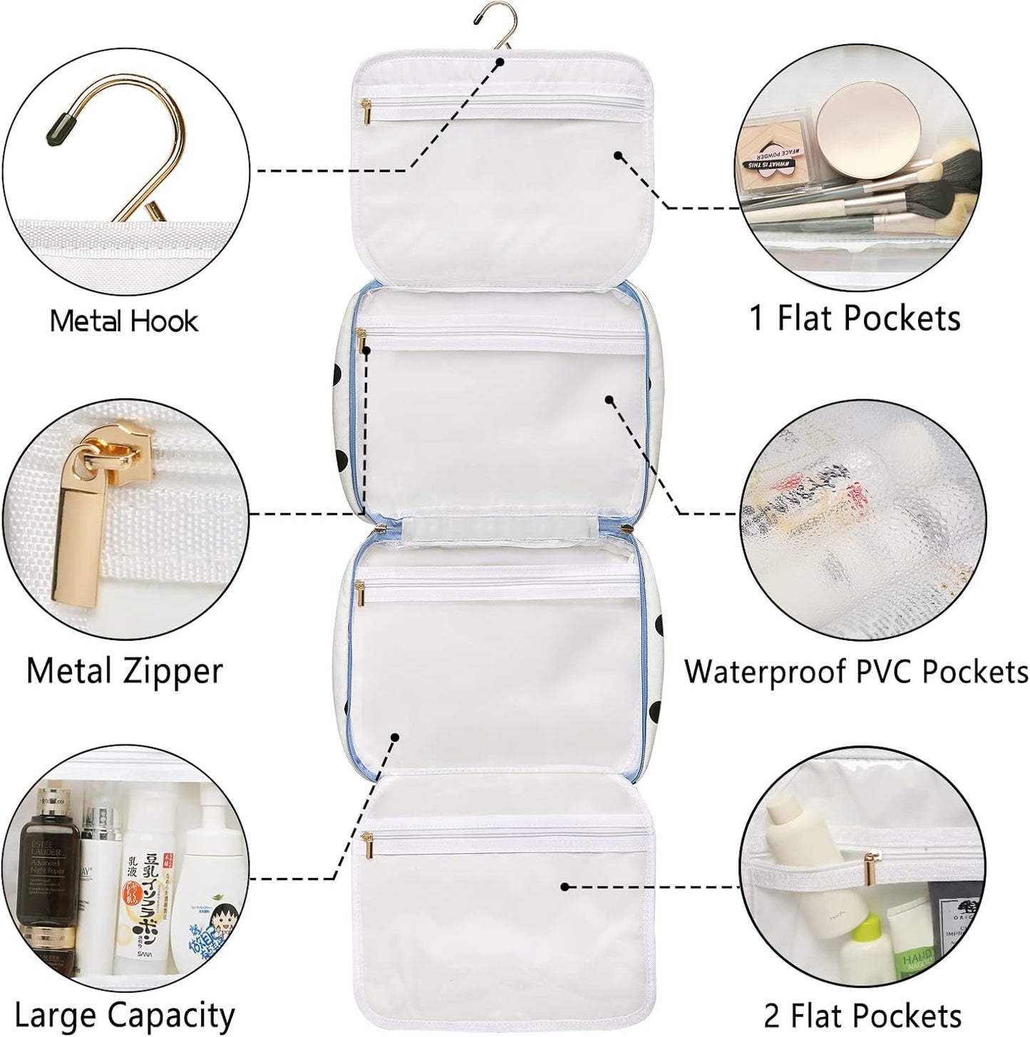 Hanging Travel Toiletry Bag,Large Capacity Cosmetic Travel Toiletry Organizer for Women with 4 Compartments & 1 Sturdy Hook,Perfect for Travel/Daily Use/Christmas