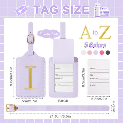 Personalized Initial Luggage Tags for Suitcase, Purple Leather Cute Luggage Tags with Privacy Cover Name Card, Embroidered Custom Monogrammed Luggage Tag Travel Backpack Tags Gifts for Women Kids(I)